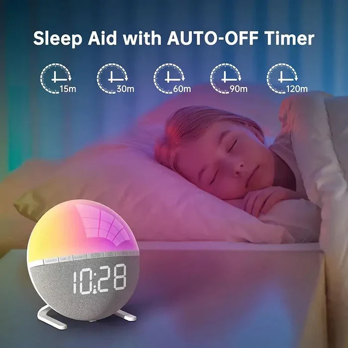 HBC Wake-Up Light Sunrise Alarm Clock by 9eight5 with sunrise simulation and digital display on a modern bedroom nightstand.