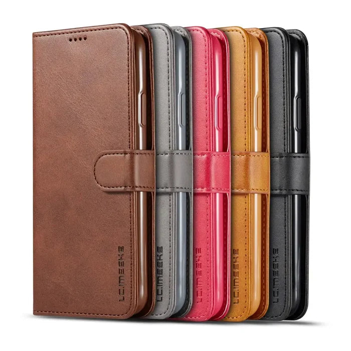 Habicare 9eight5 leather wallet case for iPhone 13 to 16 series, in multiple colors, with card slots and protective design.