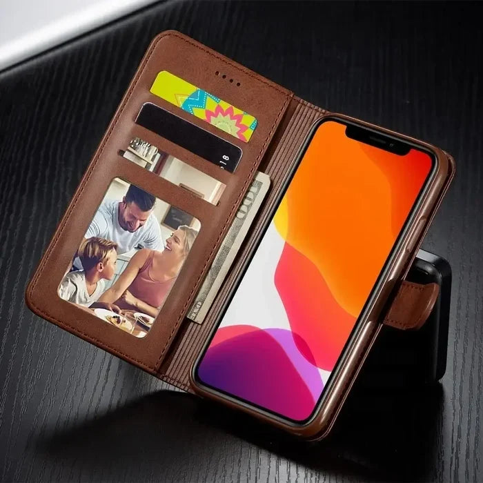 Habicare 9eight5 leather wallet case for iPhone 13-16 series, available in multiple colors, features card slots and protective design.