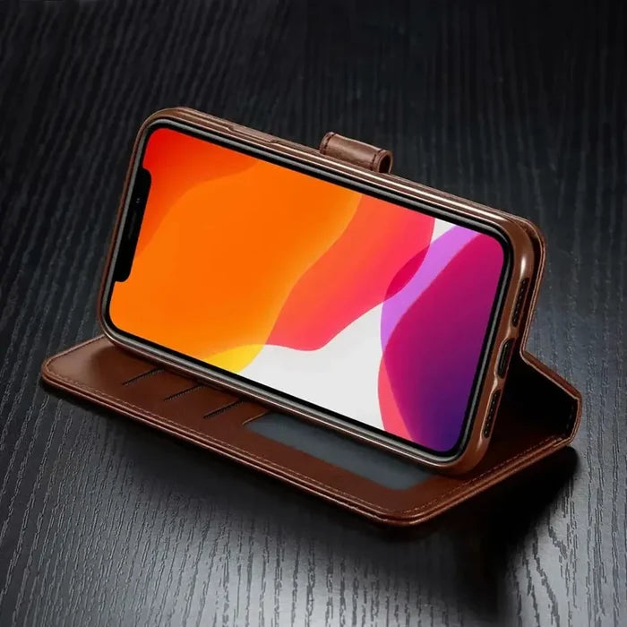 Habicare 9eight5 leather wallet case for iPhone 13-16 series, available in multiple colors, with card slots and durable design.