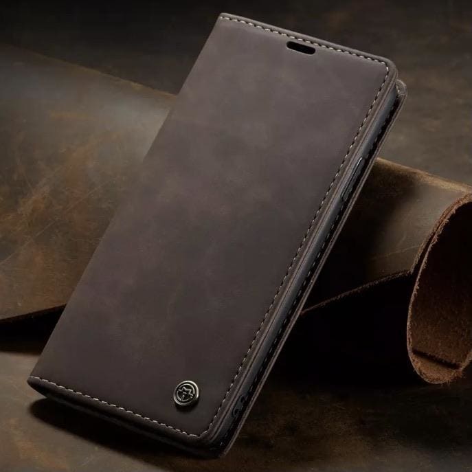 Brown 9eight5 wallet case for Samsung Galaxy A10s phone, featuring card slots and secure cover for added protection.