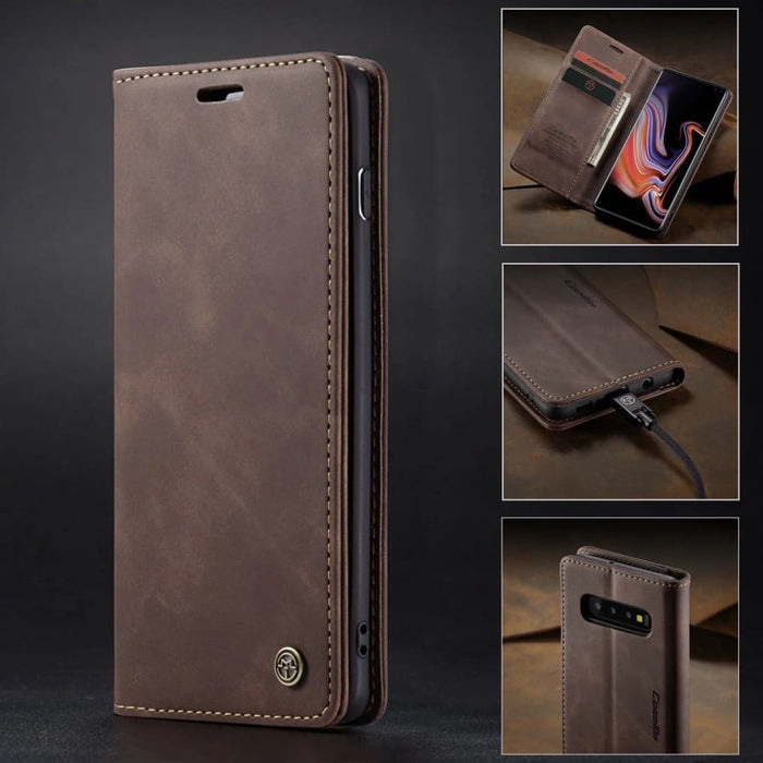 Samsung Galaxy A10s wallet case by 9eight5 with card slots and magnetic closure, black synthetic leather protective phone cover.