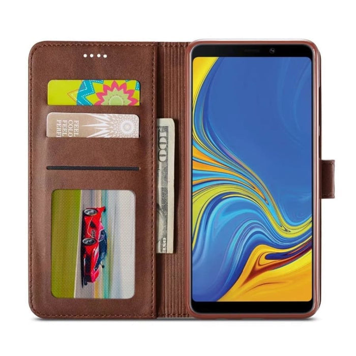 Brown 9eight5 wallet case for Samsung Galaxy A20 and A30, featuring card slots and protective flip cover.