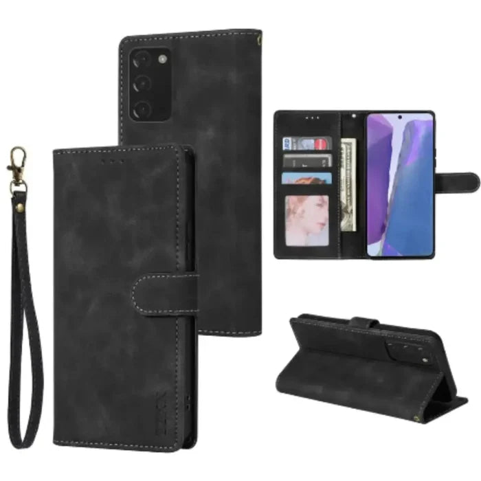 Black 9eight5 magnetic wallet case for Samsung Galaxy by Habicare, showing front view with card slots and magnetic closure.