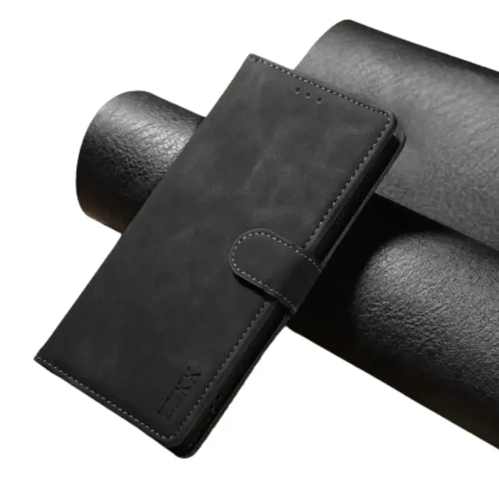 Black Habicare 9eight5 magnetic wallet case for Samsung Galaxy with card slots and protective cover.