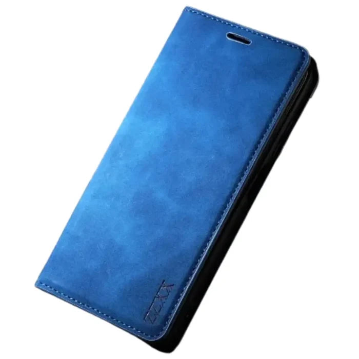 Blue Habicare 9eight5 wallet case for Samsung Galaxy S and A series with magnetic closure and card slots.