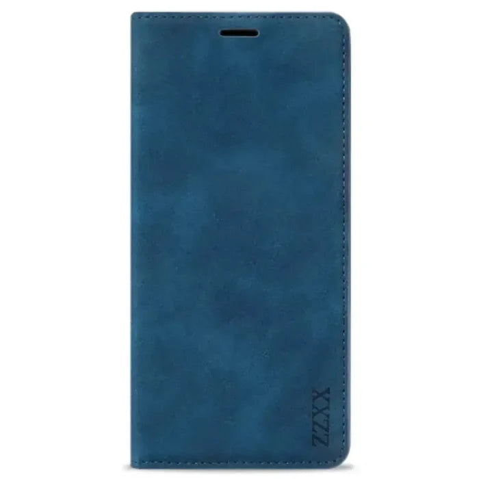 Blue Habicare 9eight5 wallet case for Samsung Galaxy S and A series with magnetic closure and card slots.