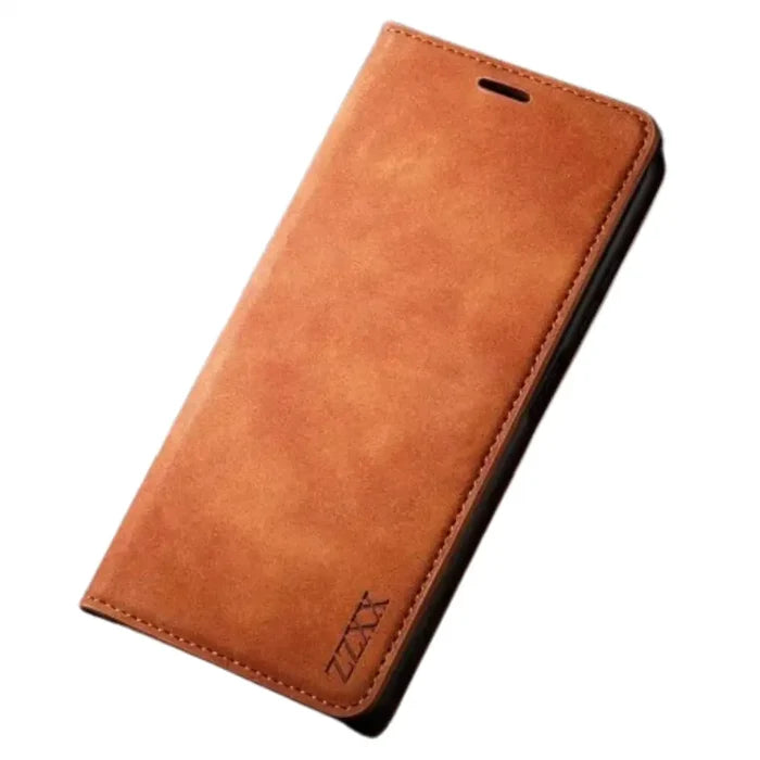 Brown Habicare 9eight5 wallet case for Samsung Galaxy S and A series, featuring a magnetic closure and card slots.
