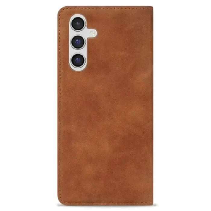 Brown Habicare 9eight5 wallet case for Samsung Galaxy S and A series with magnetic closure and card slots.