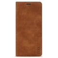 Brown Habicare 9eight5 wallet case for Samsung Galaxy S and A series with magnetic closure and card slots.