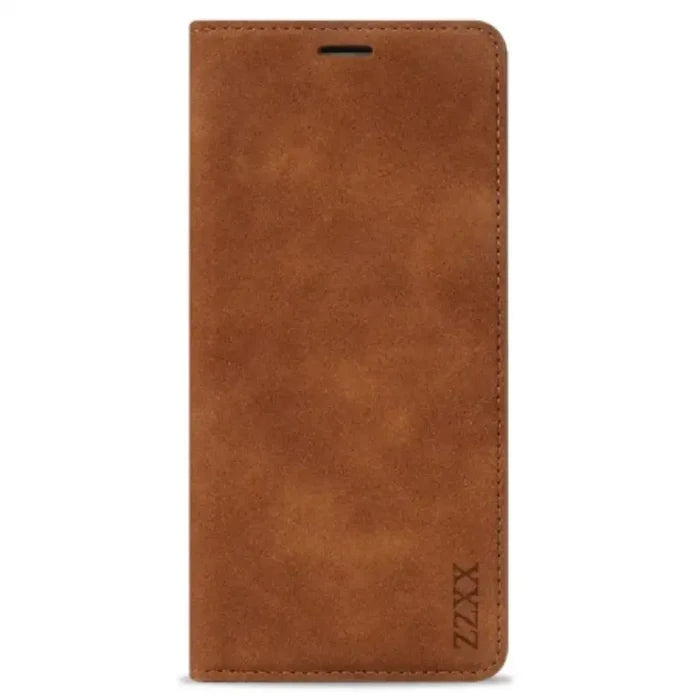 Brown Habicare 9eight5 wallet case for Samsung Galaxy S and A series with magnetic closure and card slots.