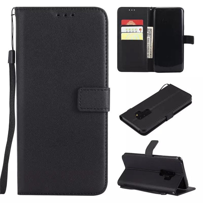 Black 9eight5 wallet case for Samsung Galaxy S9 with card slots and protective cover, designed for stylish smartphone protection.