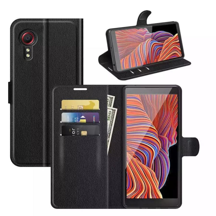 9eight5 wallet case for Samsung Galaxy Xcover 4/4S, featuring card slots and protective cover, shown on the phone.