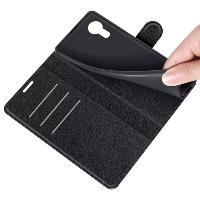 9eight5 wallet case for Samsung Galaxy Xcover 4/4S, with card slots and protective cover, shown on the phone.