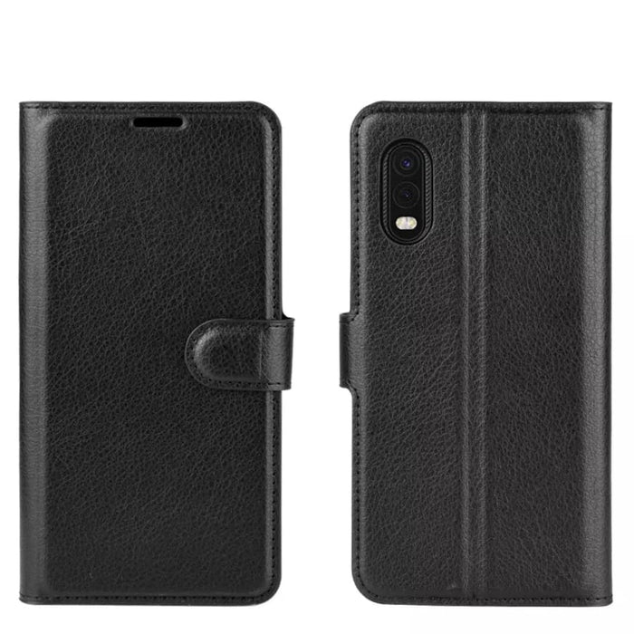 Black 9eight5 wallet case for Samsung Galaxy Xcover Pro with card slots and protective cover, shown on the phone.
