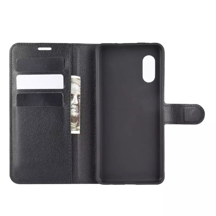 Black wallet case for Samsung Galaxy Xcover Pro by 9eight5, featuring card slots and protective cover for the phone.