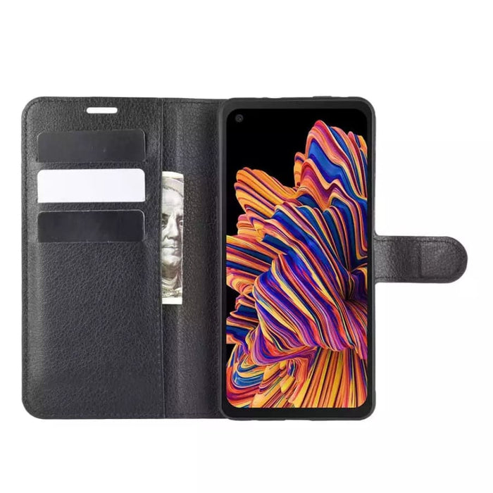 Black wallet case for Samsung Galaxy Xcover Pro by 9eight5, featuring card slots and protective cover, shown in the image.