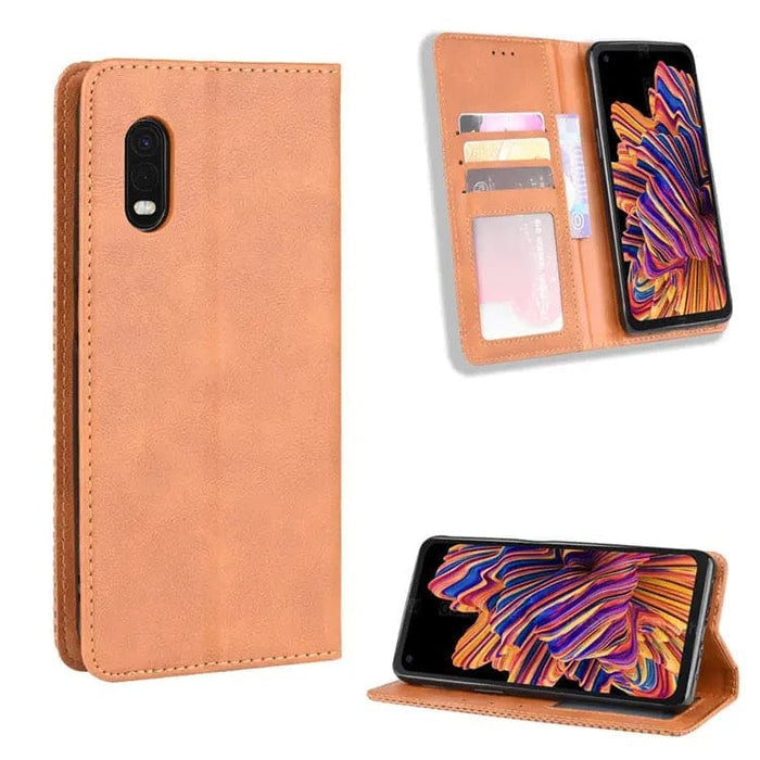Brown Samsung Galaxy Xcover Pro wallet case by 9eight5 with card slots and protective cover for phone security.