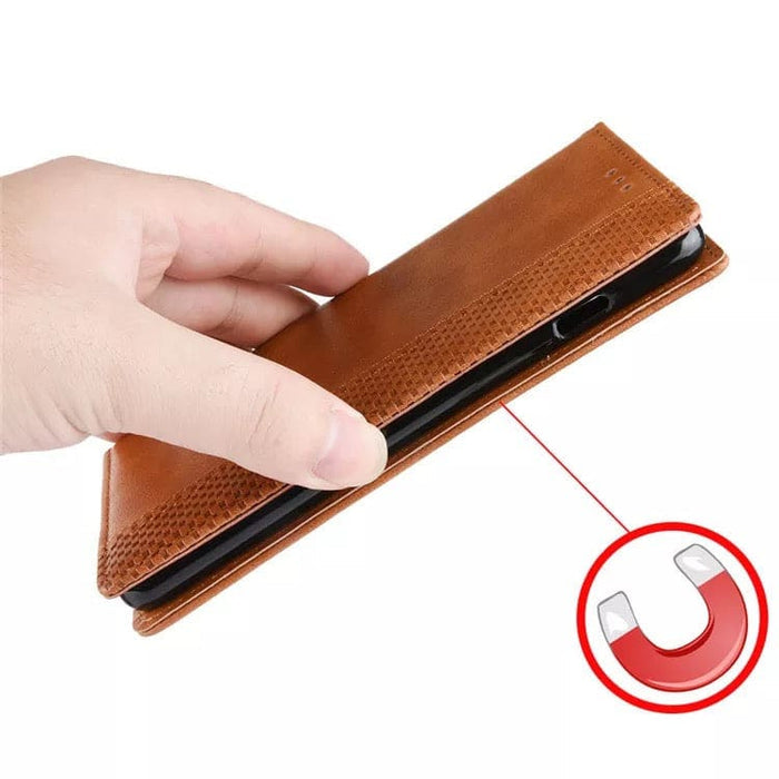 Brown 9eight5 wallet case for Samsung Galaxy Xcover Pro with card slots and secure cover, designed for protection and convenience.