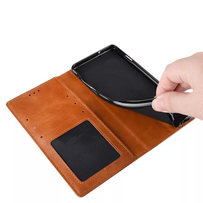 Brown wallet case for Samsung Galaxy Xcover Pro by 9eight5, featuring card slots and a protective phone cover.