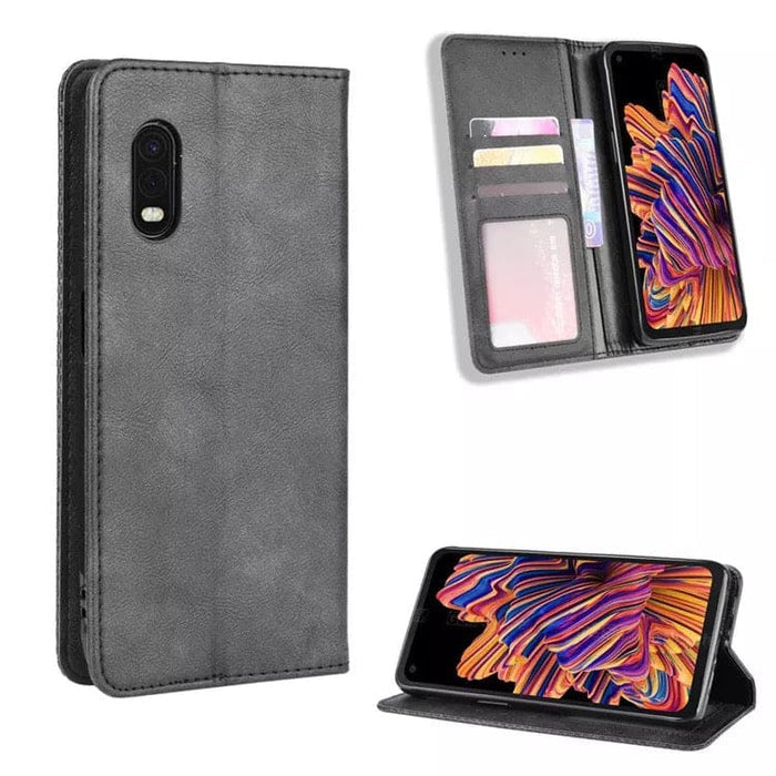 Grey 9eight5 wallet case for Samsung Galaxy Xcover Pro, featuring card slots and protective cover for the phone.