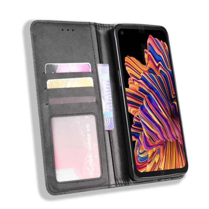 Grey Samsung Galaxy Xcover Pro wallet case by 9eight5 with card slots and protective cover for smartphone.