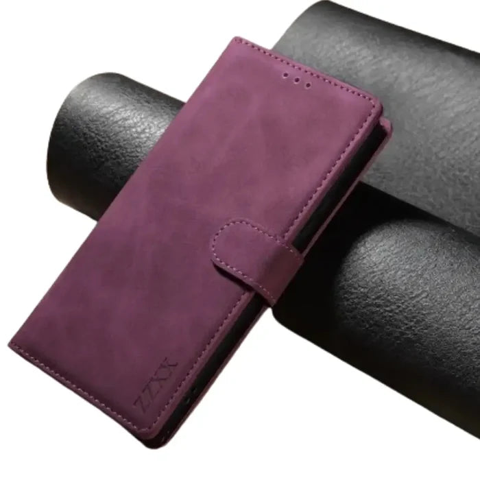 Habicare 9eight5 wallet flip case for Galaxy S25, S24, Note, and A series in wine red, featuring a secure card holder and stylish design.