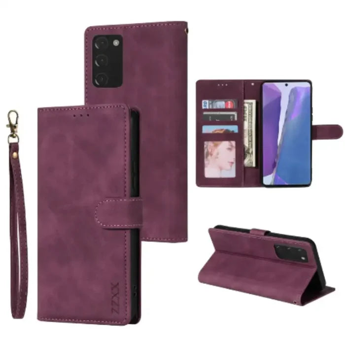 Habicare 9eight5 wallet flip case for Galaxy S25, S24, Note, A Series in wine red with card slots and protective cover.