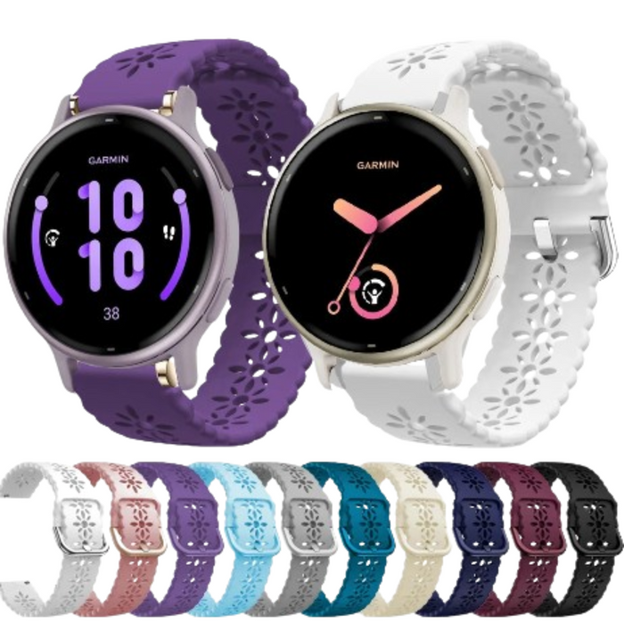 Habicare TWS watch band for Garmin Vivoactive 3 series in various colors, shown in a close-up with adjustable strap details.