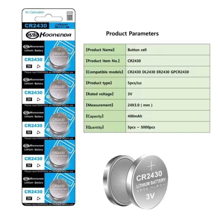 Five Koonenda CR2430 watch batteries in blister pack, compatible with various watch models, from That Watch Shop.