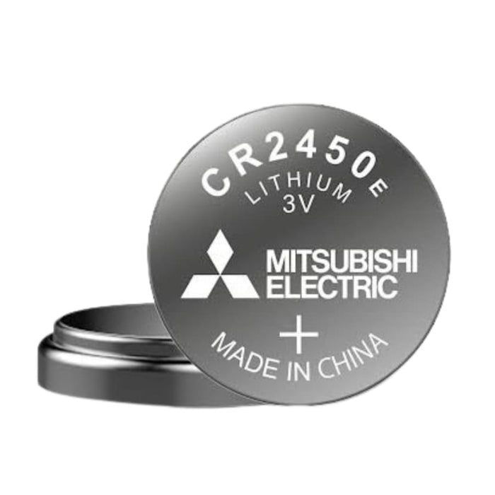 Pair of Mitsubishi CR2450 lithium watch batteries in silver, suitable for various watch models, from That Watch Shop.