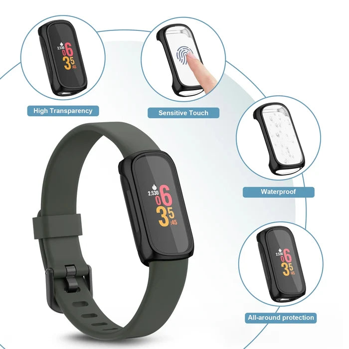 Habicare TWS watch case for Fitbit Inspire 2, protective black silicone cover with precise cutouts for buttons and screen.