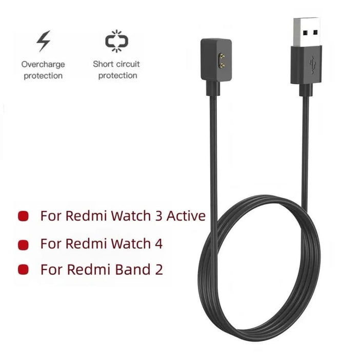 Redmi Watch Charger for Watch 3 Active, Watch 4, and Band 2, magnetic black cable charger for smartwatch charging.