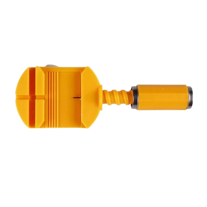 Yellow plastic watch link remover tool with a small screw for adjusting watch bands, ideal for at-home watch adjustments.