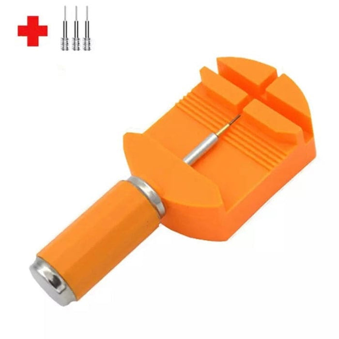 Orange plastic watch link remover tool with screws, used for adjusting and resizing watch bands at home.