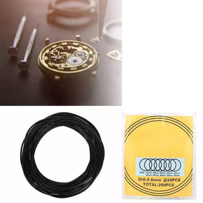 Close-up of 0.6mm watch O-rings for waterproof watches, made of durable rubber, used in watch repair and sealing.