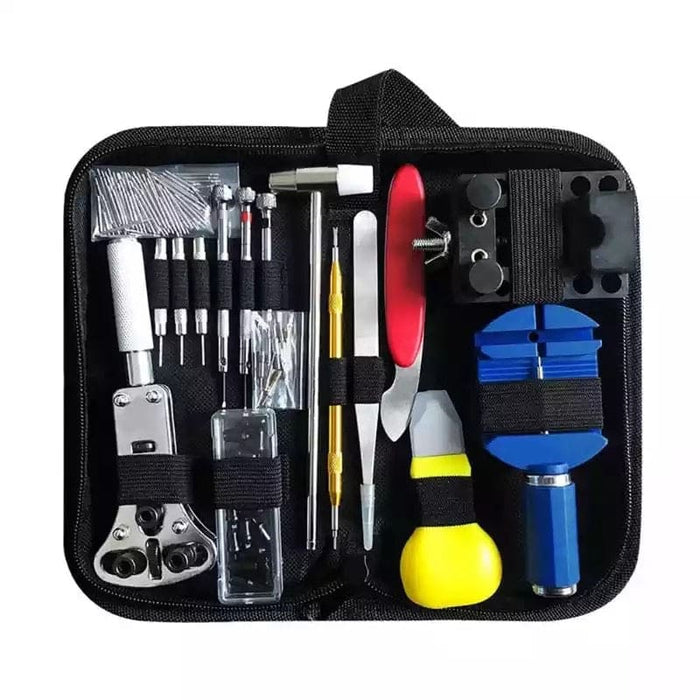 Set of 147 watch repair tools including screwdrivers, tweezers, and pouches for watch repair by That Watch Shop.