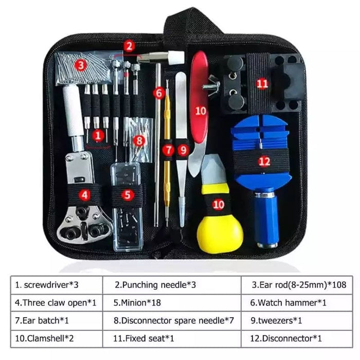Set of 147 watch repair tools from That Watch Shop, including screwdrivers, tweezers, and case openers for watch maintenance.