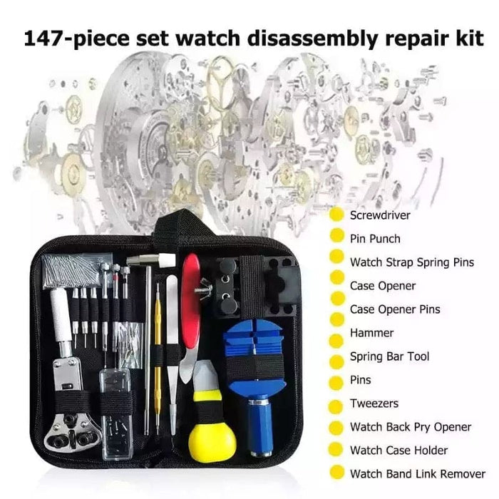 Set of 147 watch repair tools including screwdrivers, tweezers, and case openers from That Watch Shop for watch maintenance and repair.