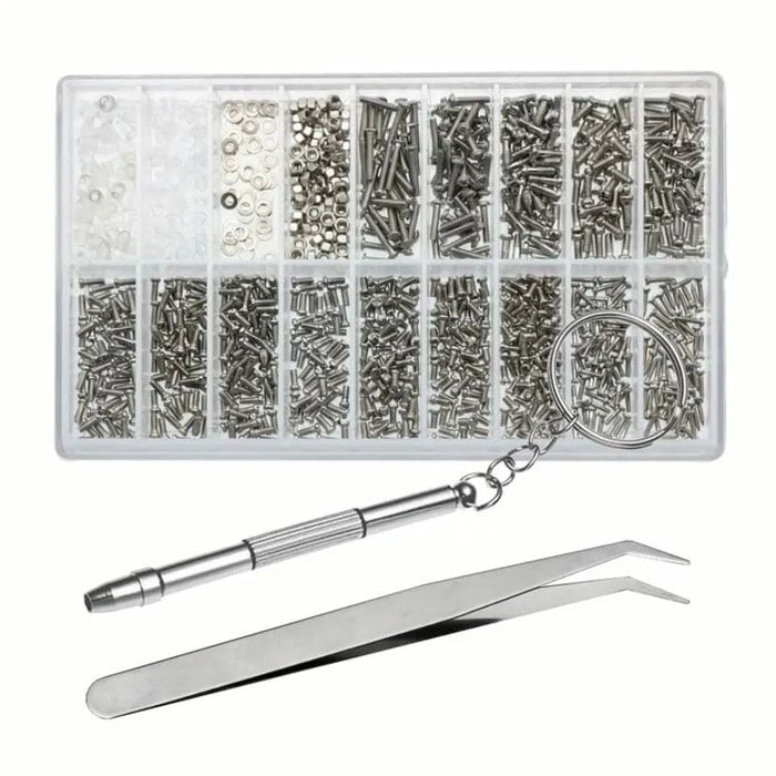 Assorted watch, sunglasses, and electronics screws in a repair tool kit for watch and electronics repair.