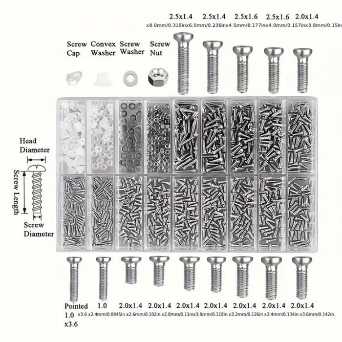 Assorted watch, sunglasses, and electronics screws in organized plastic containers for watch repair and maintenance.