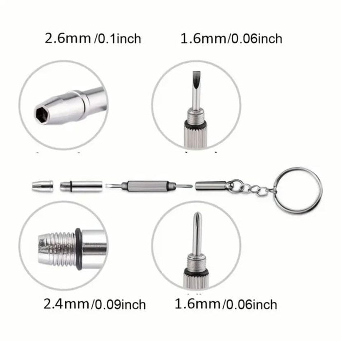 Assorted watch, sunglasses, and electronics screw set with small screwdrivers and keychain tools for watch repair and maintenance