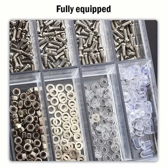 Assorted watch, sunglasses, and electronics screws in a compartmentalized hardware set for watch repair and maintenance.