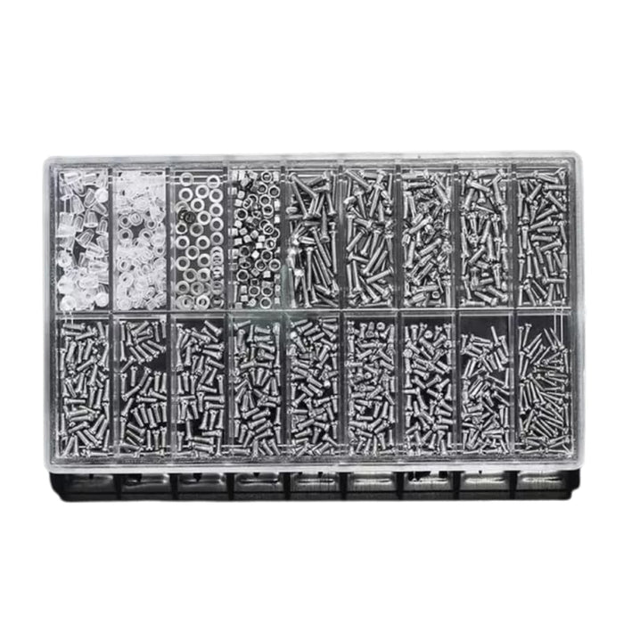 Assorted watch, sunglasses, and electronics screws in a compartmentalized storage case for watch repair tools.