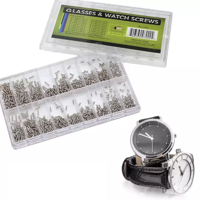 Set of 1,800 watch, sunglasses, and electronics screws with tools from That Watch Shop for repair and assembly.