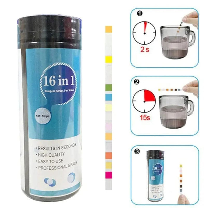 9eight5 water quality test strips kit with 50 strips measuring 16 water variables for accurate testing and water analysis.
