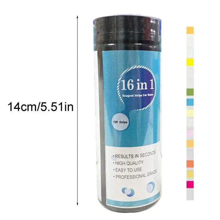 Water quality test strips by 9eight5 with 50 strips for measuring 16 water variables, used for water testing and analysis.