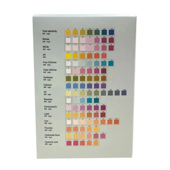 Water quality test strips by 9eight5, set of 50 with 16 variables for testing water purity and safety.