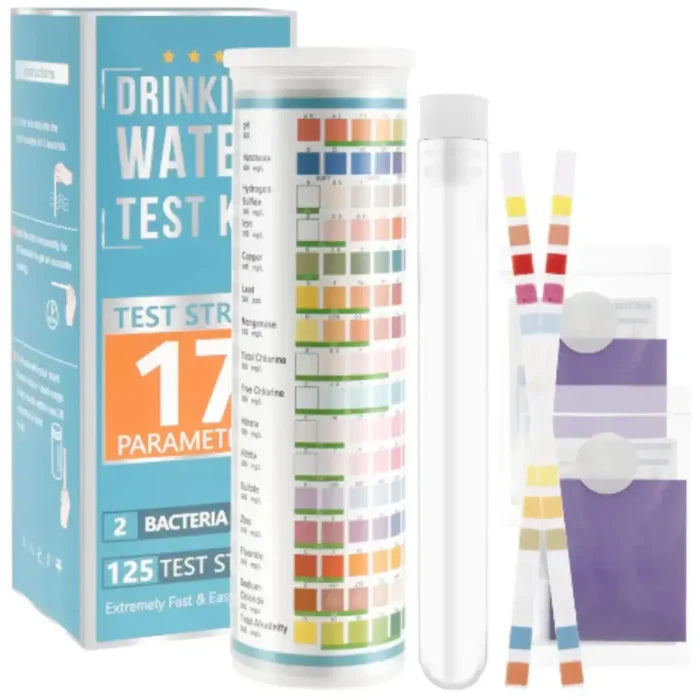 Habicare HBC water quality test strips showing color comparison chart for testing pH, chlorine, and water parameters.