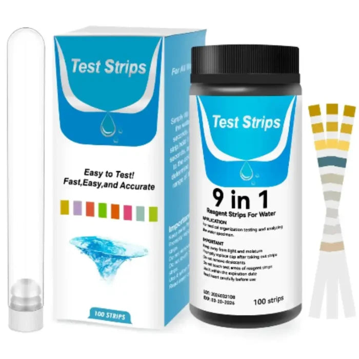 Habicare HBC water quality test strips showing color comparison for testing water purity and chemical levels.